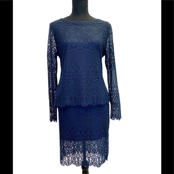 ADIVA Navy blue stretchy lace overlay long sleeve skirt blouse set size medium - Picture 3 of 14